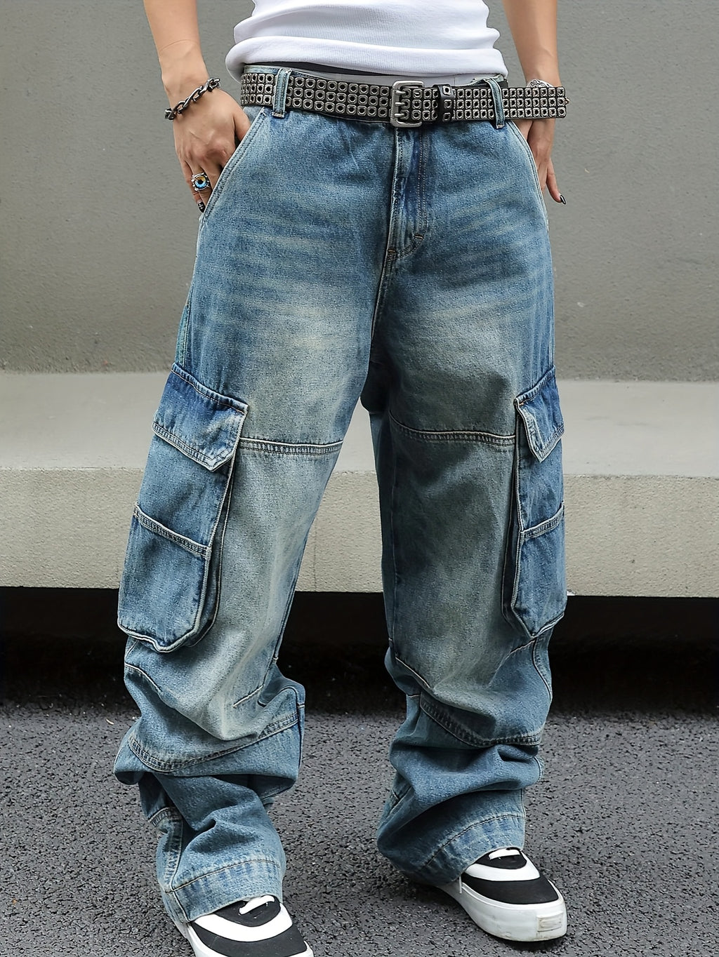 Distressed Light Blue Oversized Cargo Denim Jeans