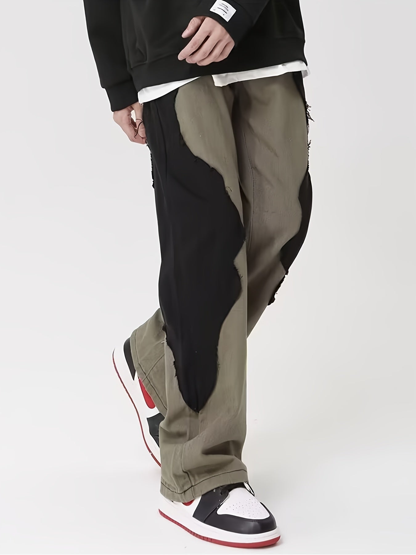 Olive Green & Black Asymmetric Patchwork Straight-Leg Pants
