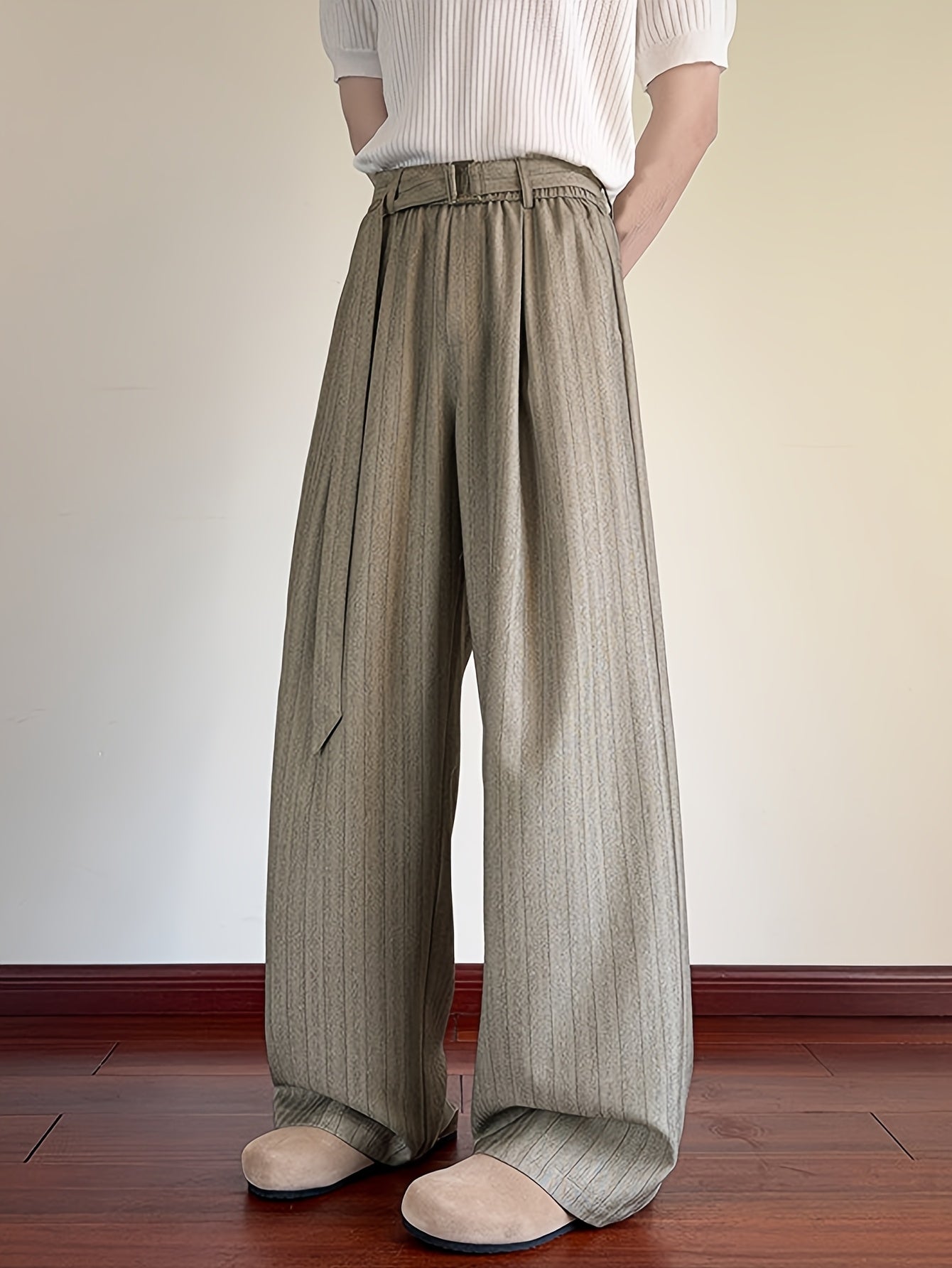 Khaki Stripe High-Waist Wide-Leg Trousers
