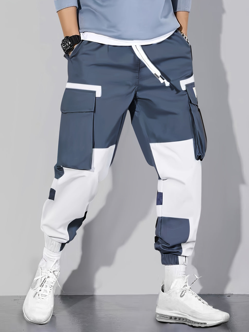Navy & White Color-Block Cargo Jogger Pants