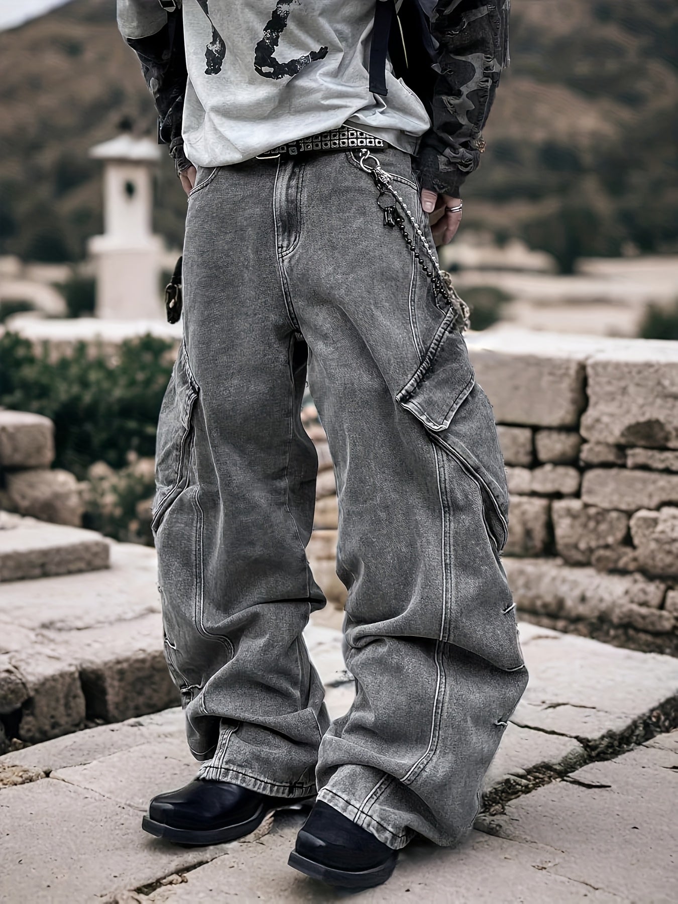 Vintage Washed Dark Grey Oversized Cargo Denim Jeans