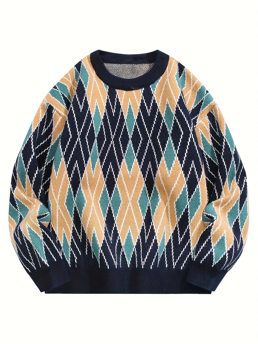 Retro Argyle Knit Crewneck Sweater (Navy & Earth Tone)