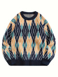 Retro Argyle Knit Crewneck Sweater (Navy & Earth Tone)