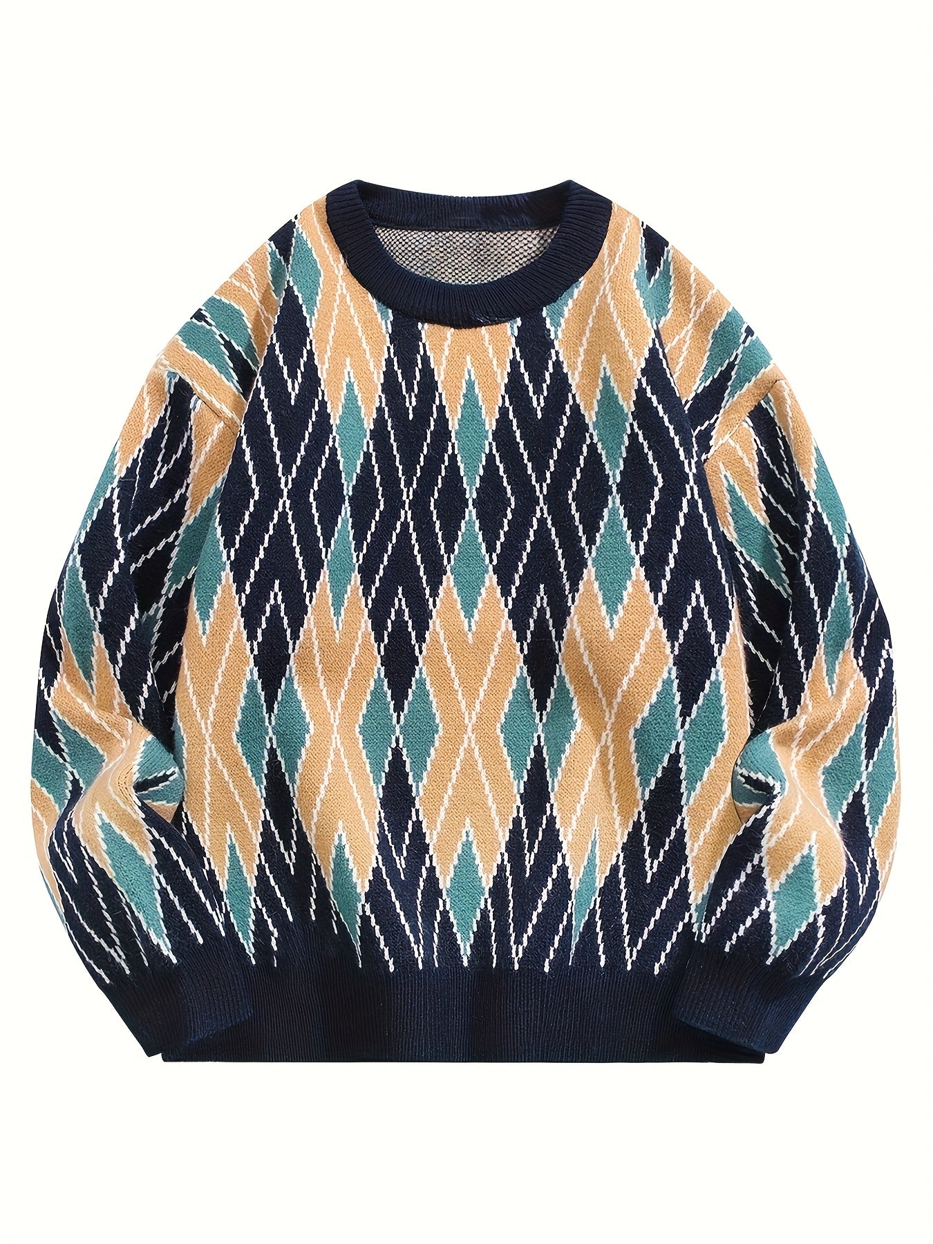 Retro Argyle Knit Crewneck Sweater (Navy & Earth Tone)