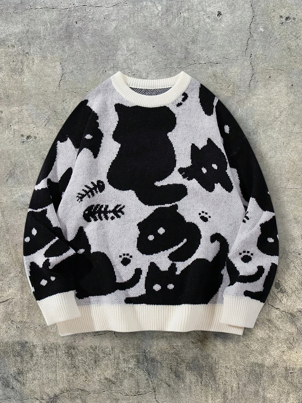 Black & White Cute Cat Print Oversized Crewneck Knit Sweater