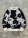 Black & White Cute Cat Print Oversized Crewneck Knit Sweater