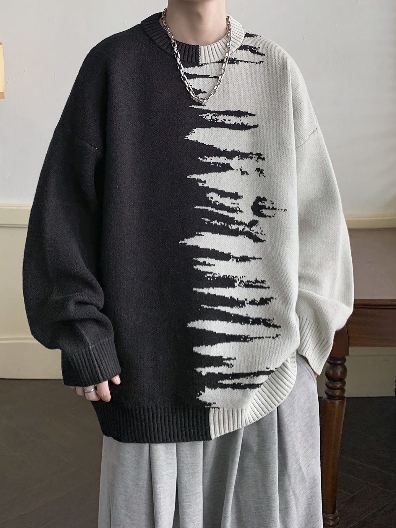 Black & White Brushstroke Contrast Oversized Crewneck Knit Sweater