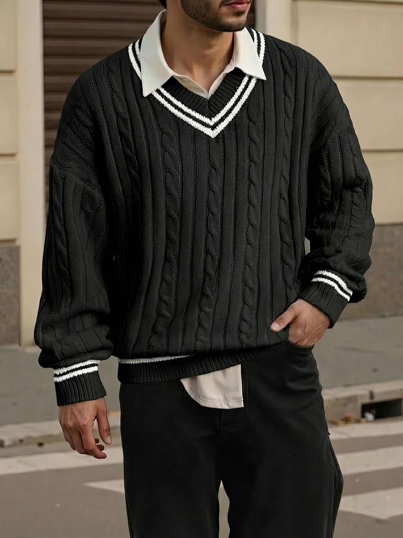 Black V-Neck Cricket Stripe Cable Knit Sweater