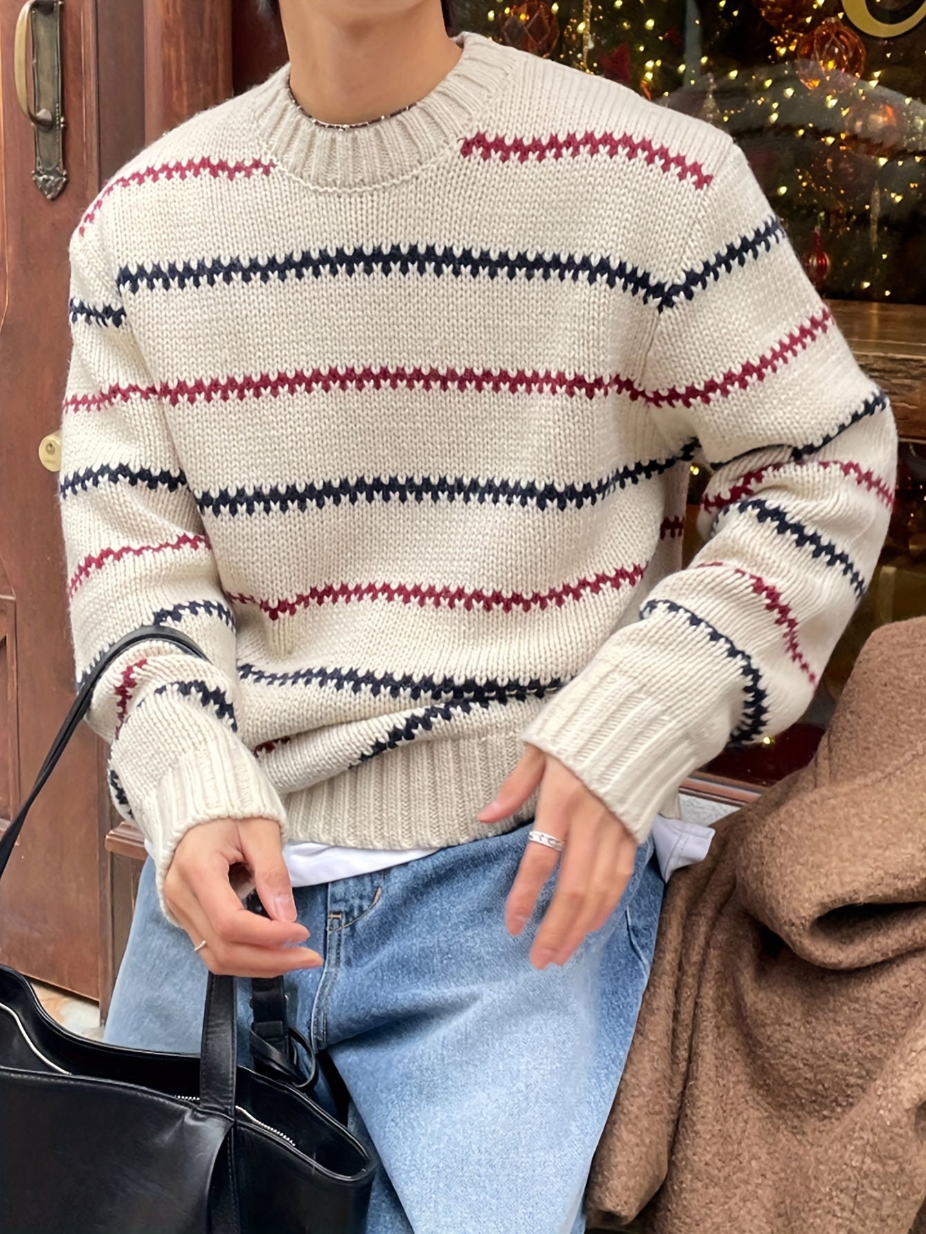 Cream Base Red & Navy Chevron Stripe Crewneck Knit Sweater