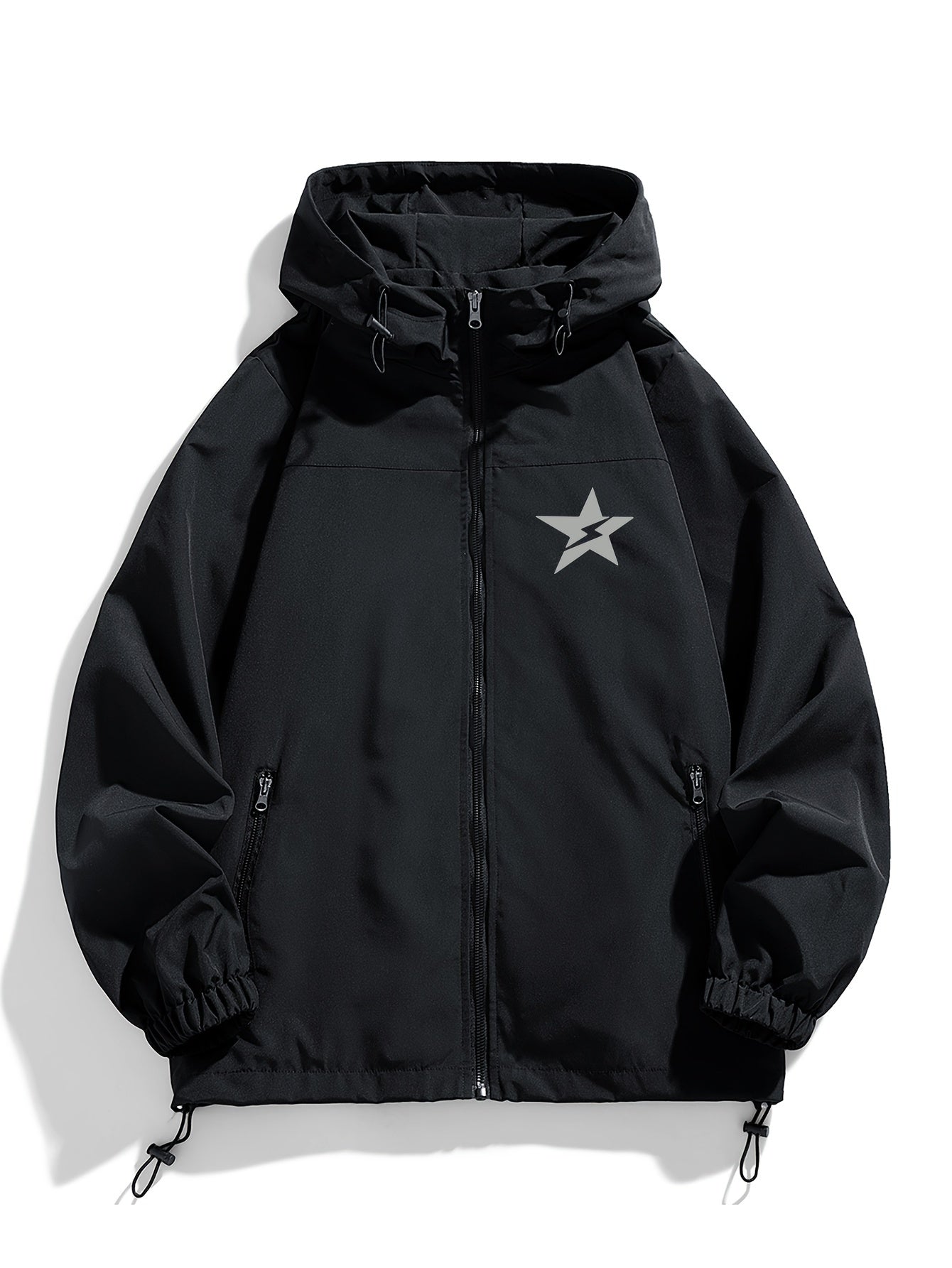 Black Water-Resistant Star-Print Oversized Hooded Windbreaker