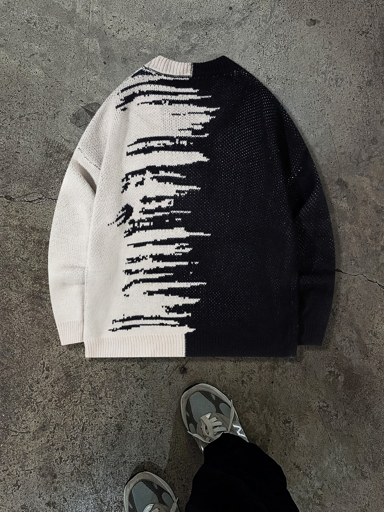 Black & White Brushstroke Contrast Oversized Crewneck Knit Sweater