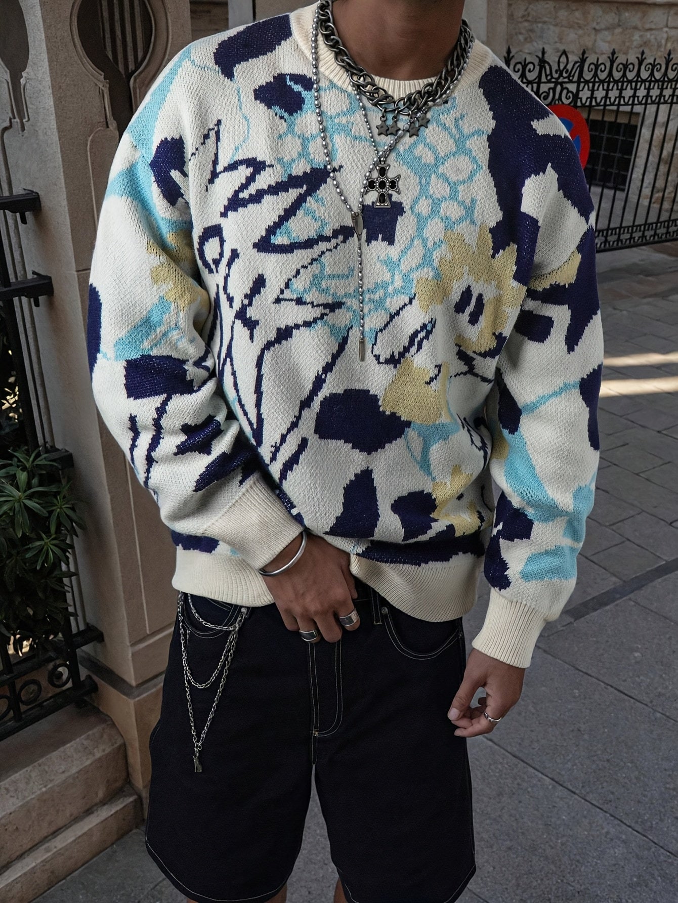Abstract Watercolor Jacquard Oversized Crewneck Sweater