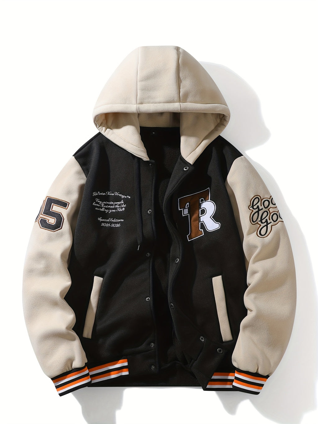 Black & Khaki Hooded Varsity Baseball Jacket with Embroidery