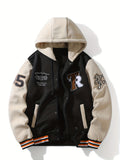 Black & Khaki Hooded Varsity Baseball Jacket with Embroidery
