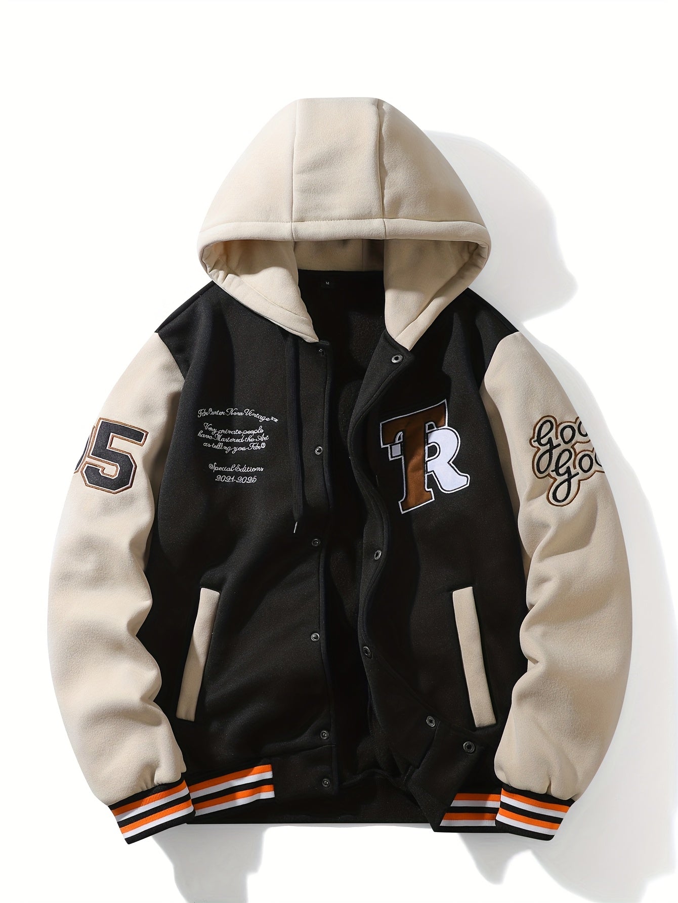 Black & Khaki Hooded Varsity Baseball Jacket with Embroidery