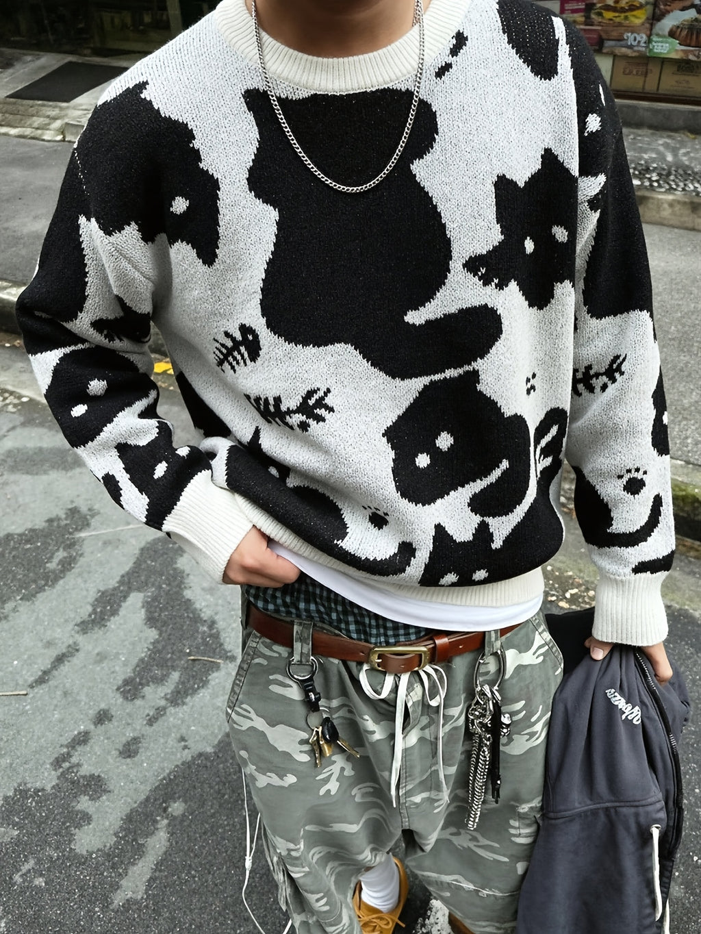 Black & White Cute Cat Print Oversized Crewneck Knit Sweater