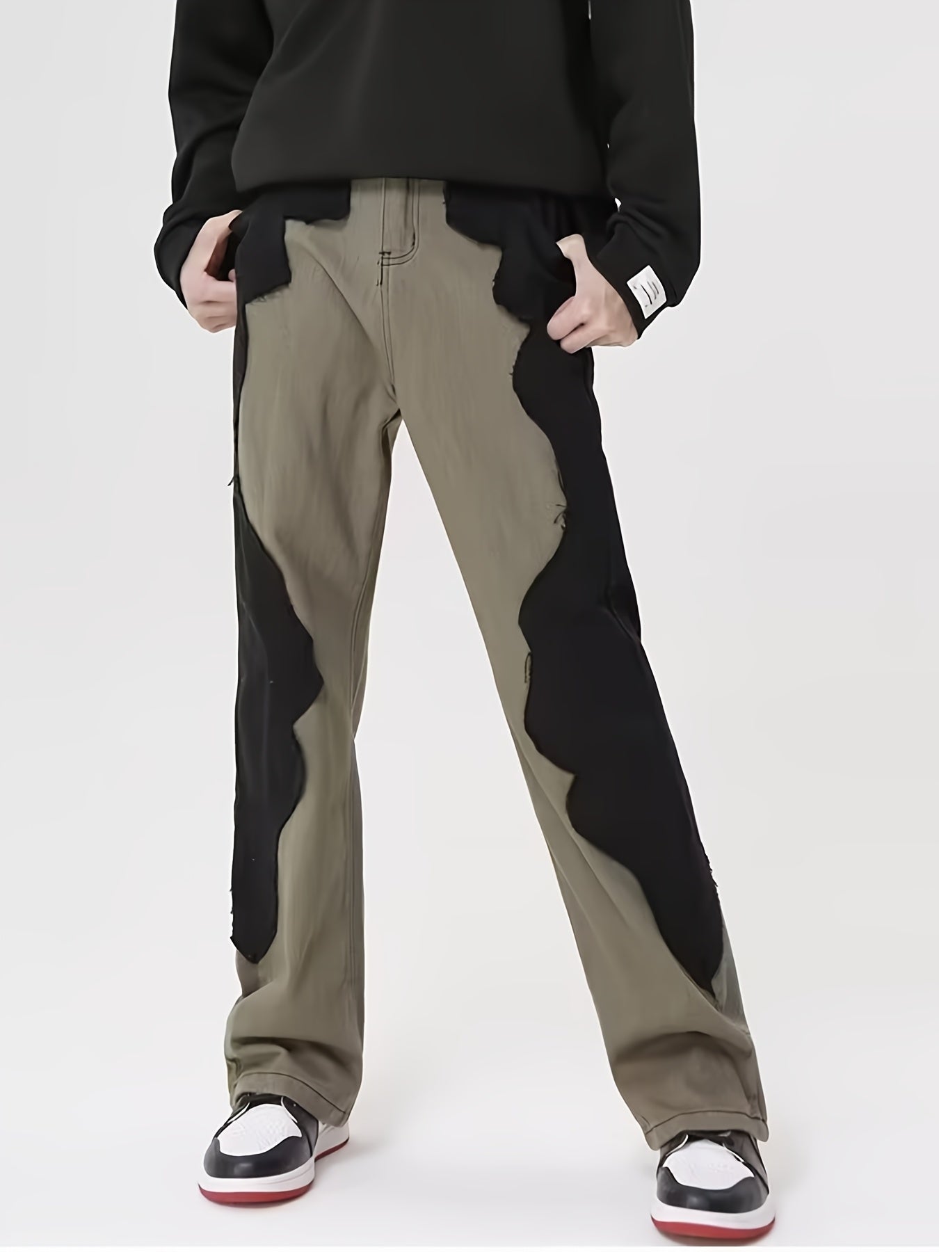 Olive Green & Black Asymmetric Patchwork Straight-Leg Pants