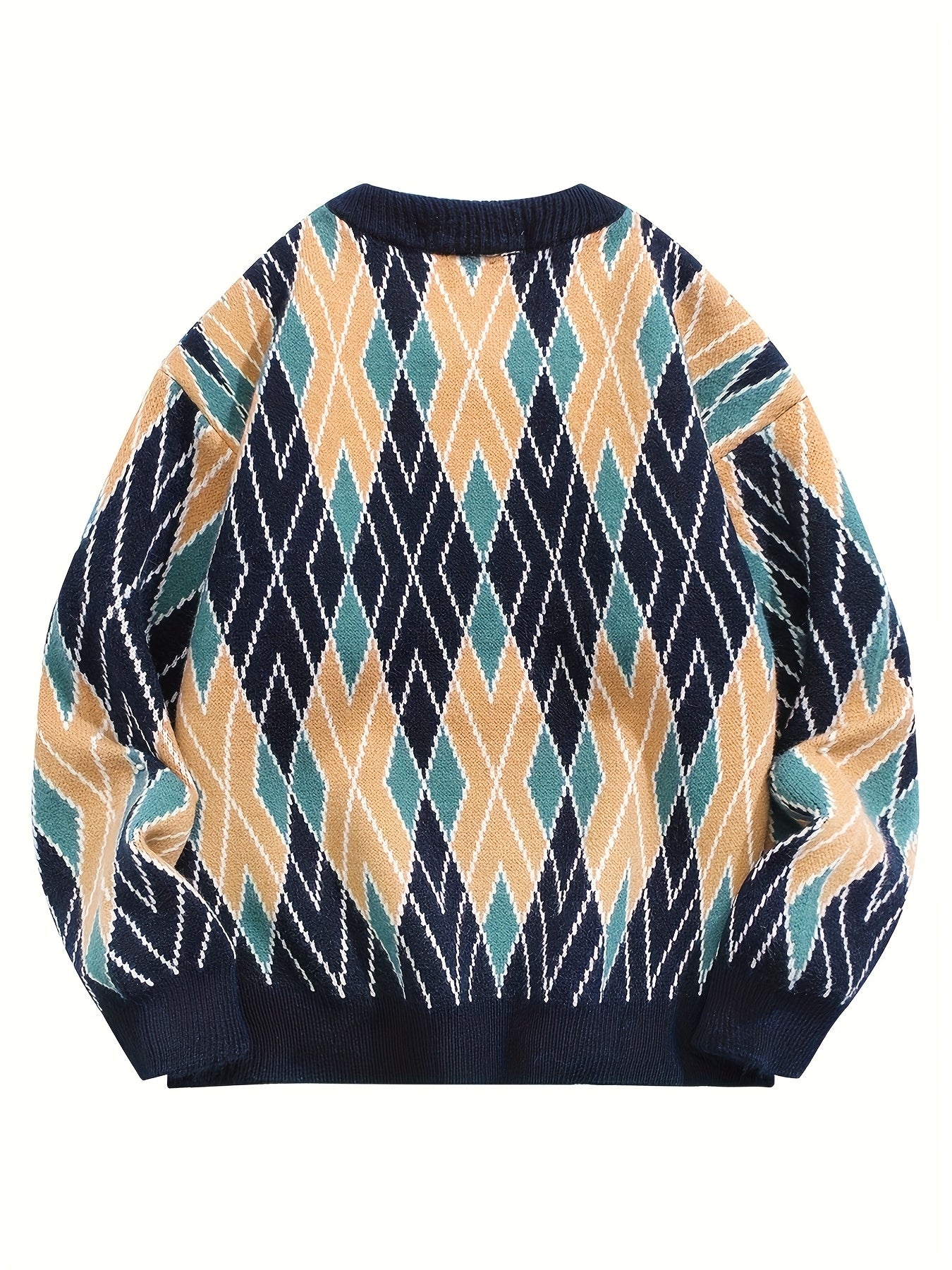 Retro Argyle Knit Crewneck Sweater (Navy & Earth Tone)