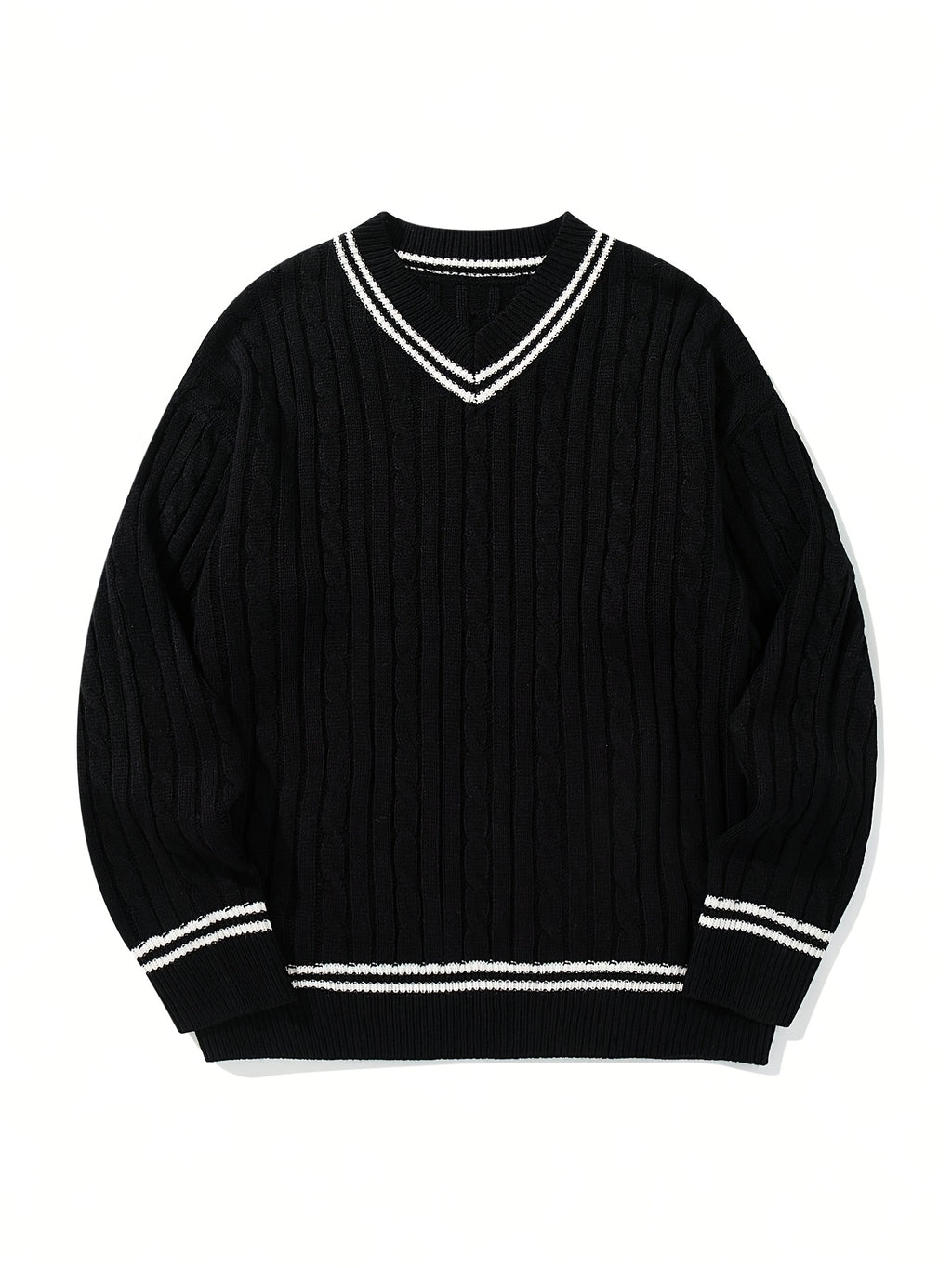 Black V-Neck Cricket Stripe Cable Knit Sweater