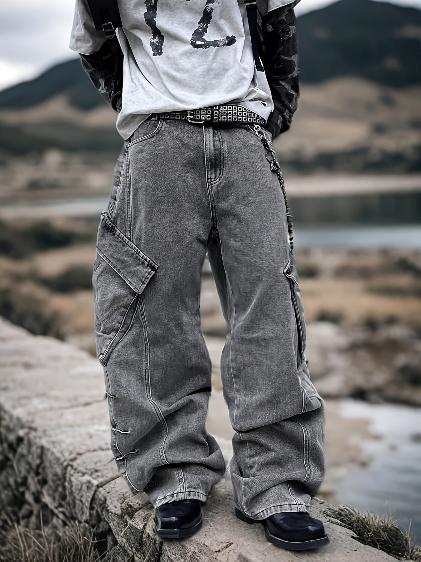 Vintage Washed Dark Grey Oversized Cargo Denim Jeans