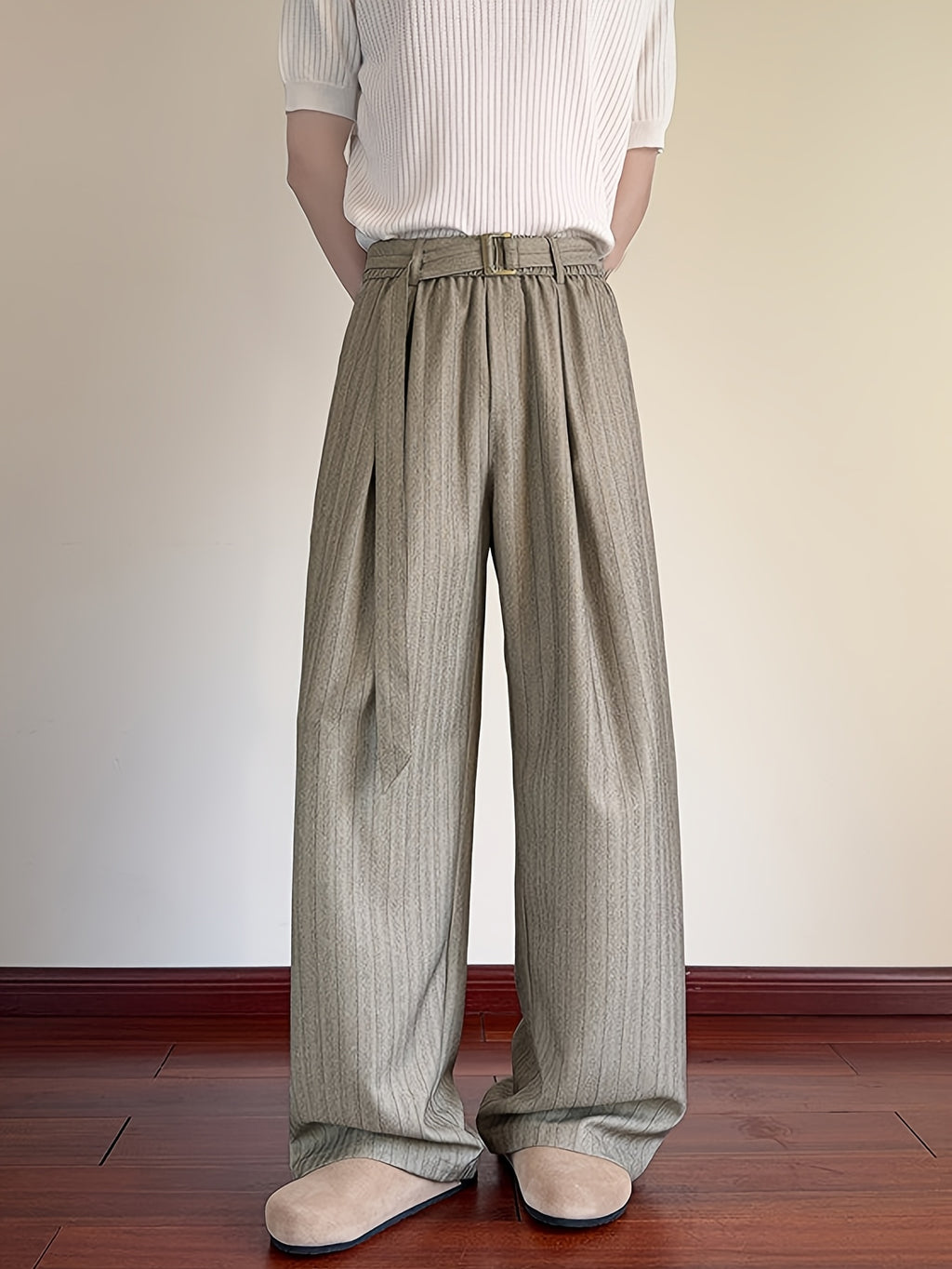 Khaki Stripe High-Waist Wide-Leg Trousers