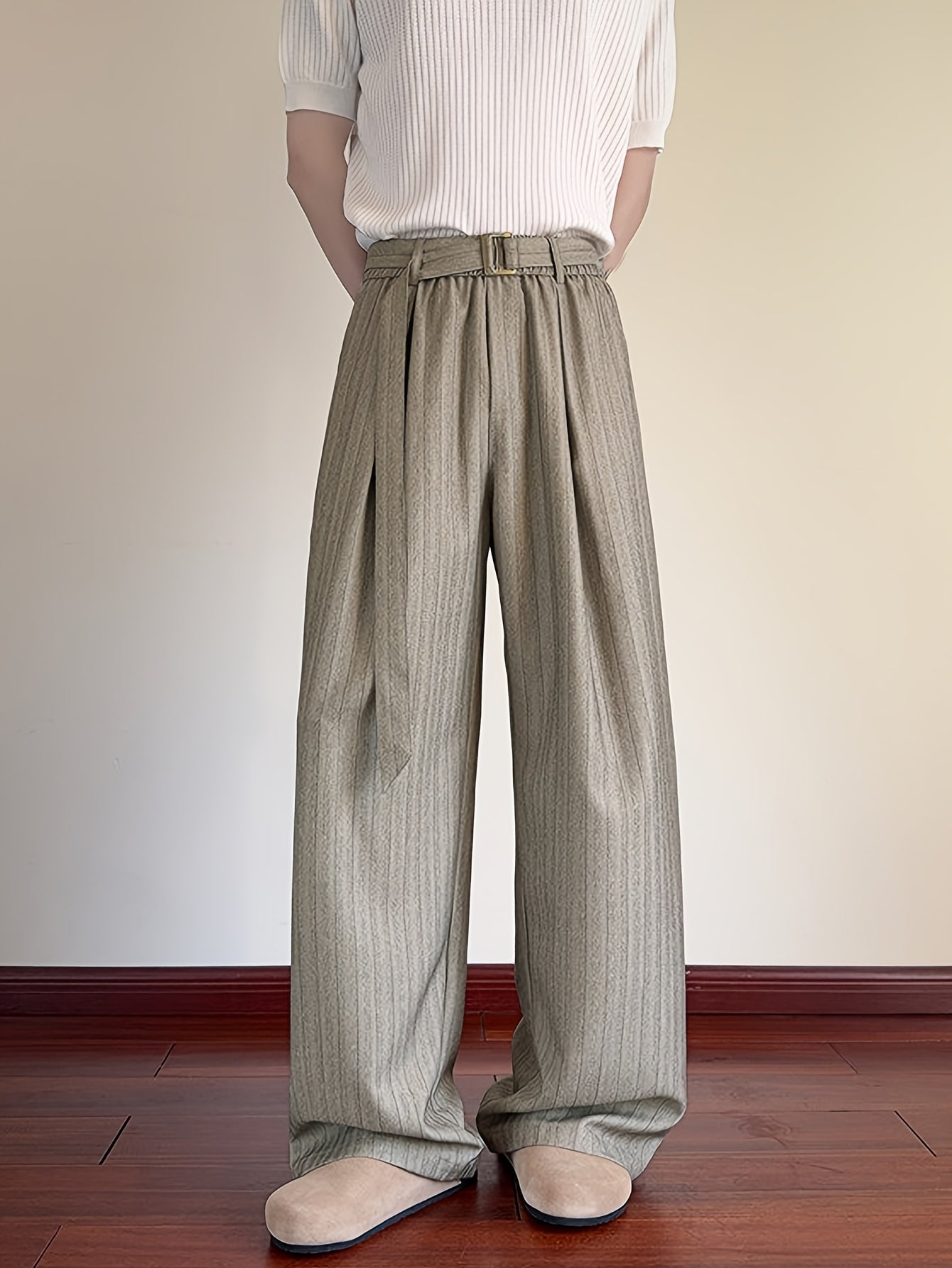 Khaki Stripe High-Waist Wide-Leg Trousers