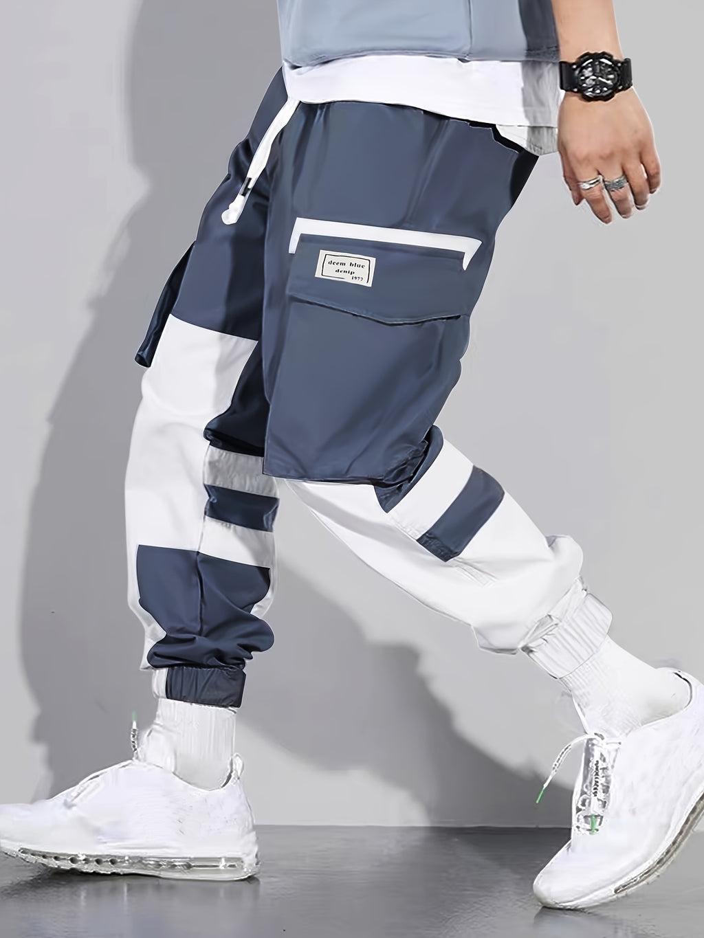 Navy & White Color-Block Cargo Jogger Pants
