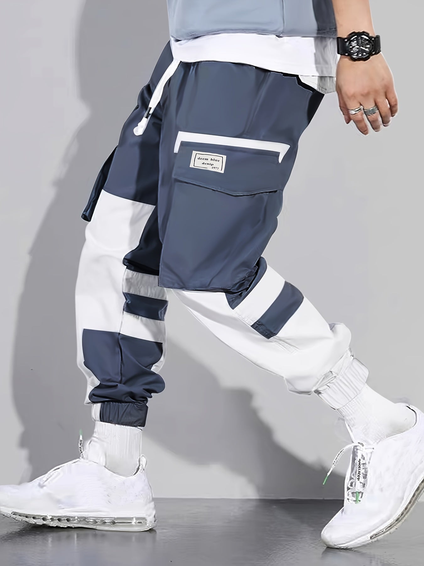 Navy & White Color-Block Cargo Jogger Pants