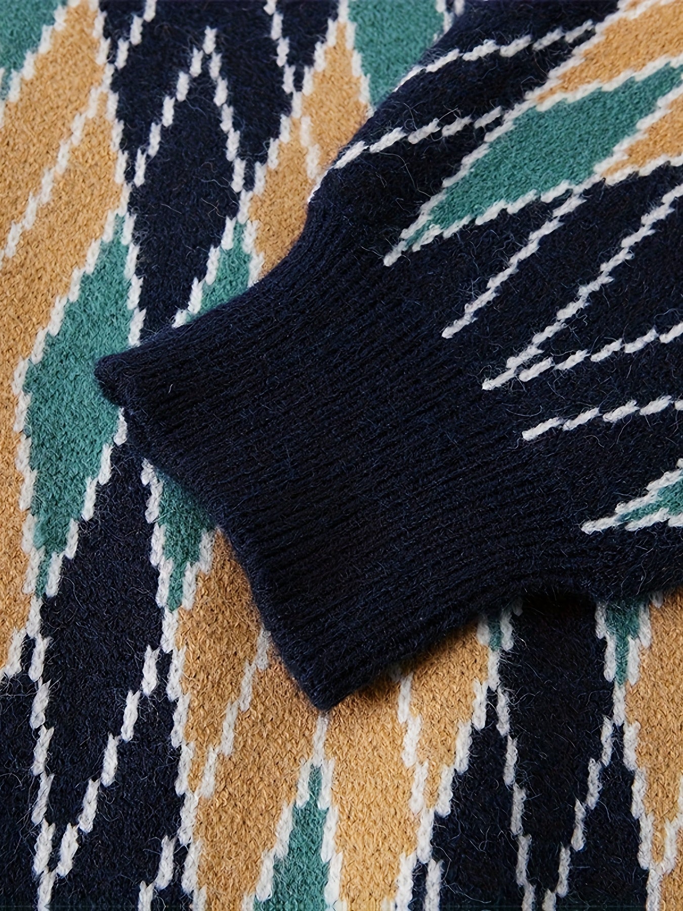 Retro Argyle Knit Crewneck Sweater (Navy & Earth Tone)