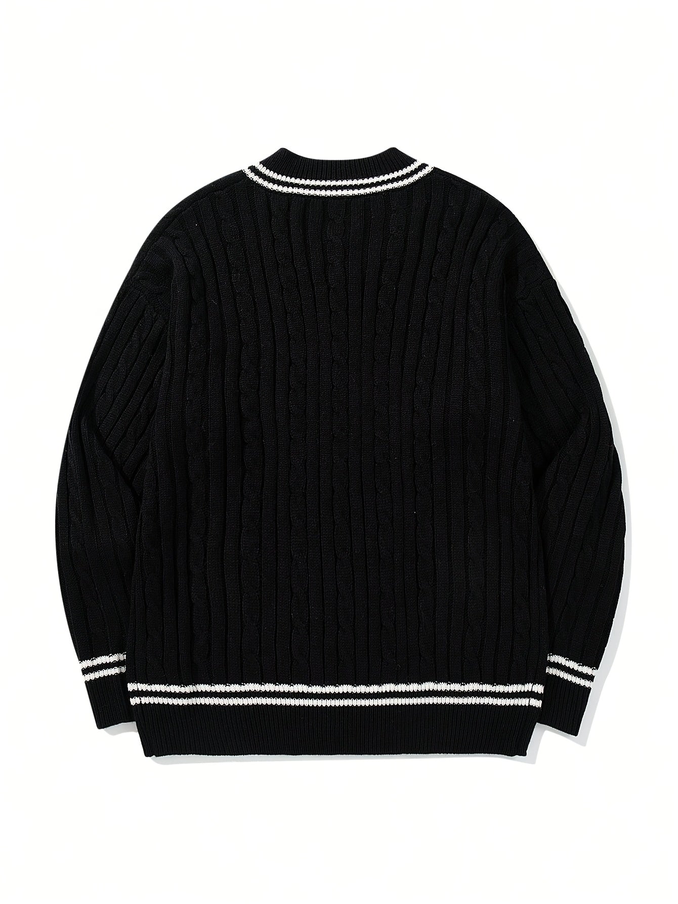 Black V-Neck Cricket Stripe Cable Knit Sweater