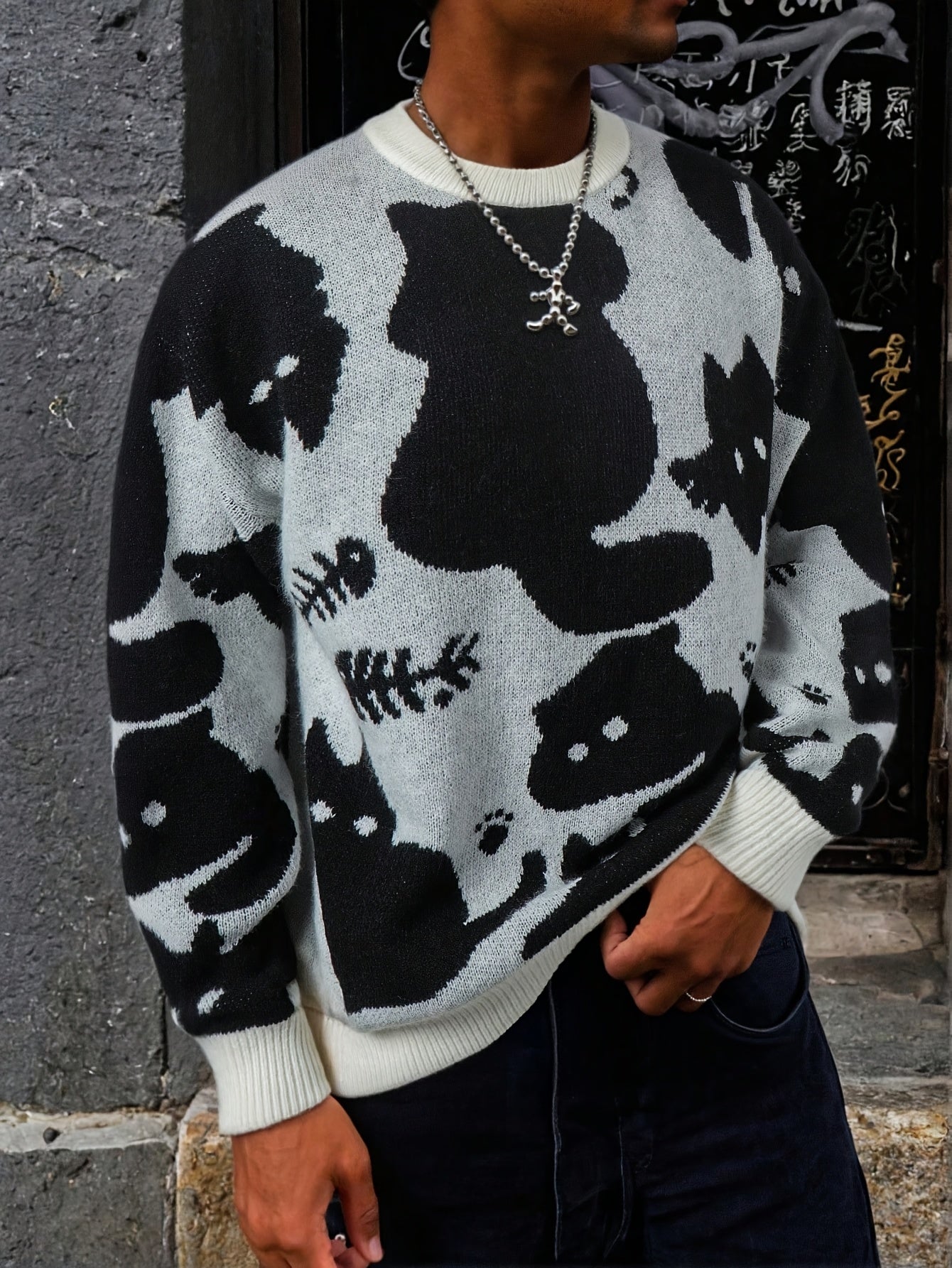Black & White Cute Cat Print Oversized Crewneck Knit Sweater