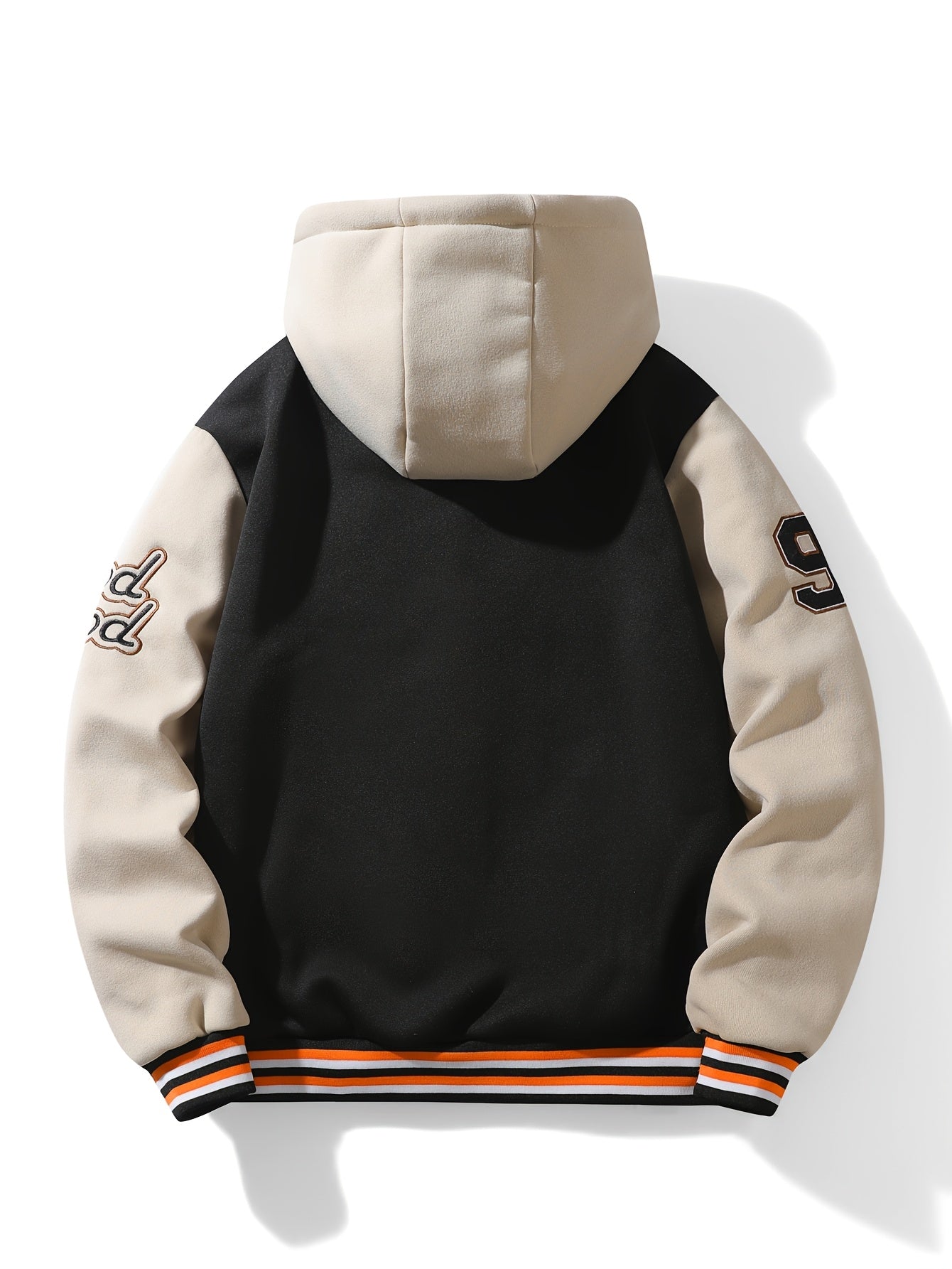 Black & Khaki Hooded Varsity Baseball Jacket with Embroidery