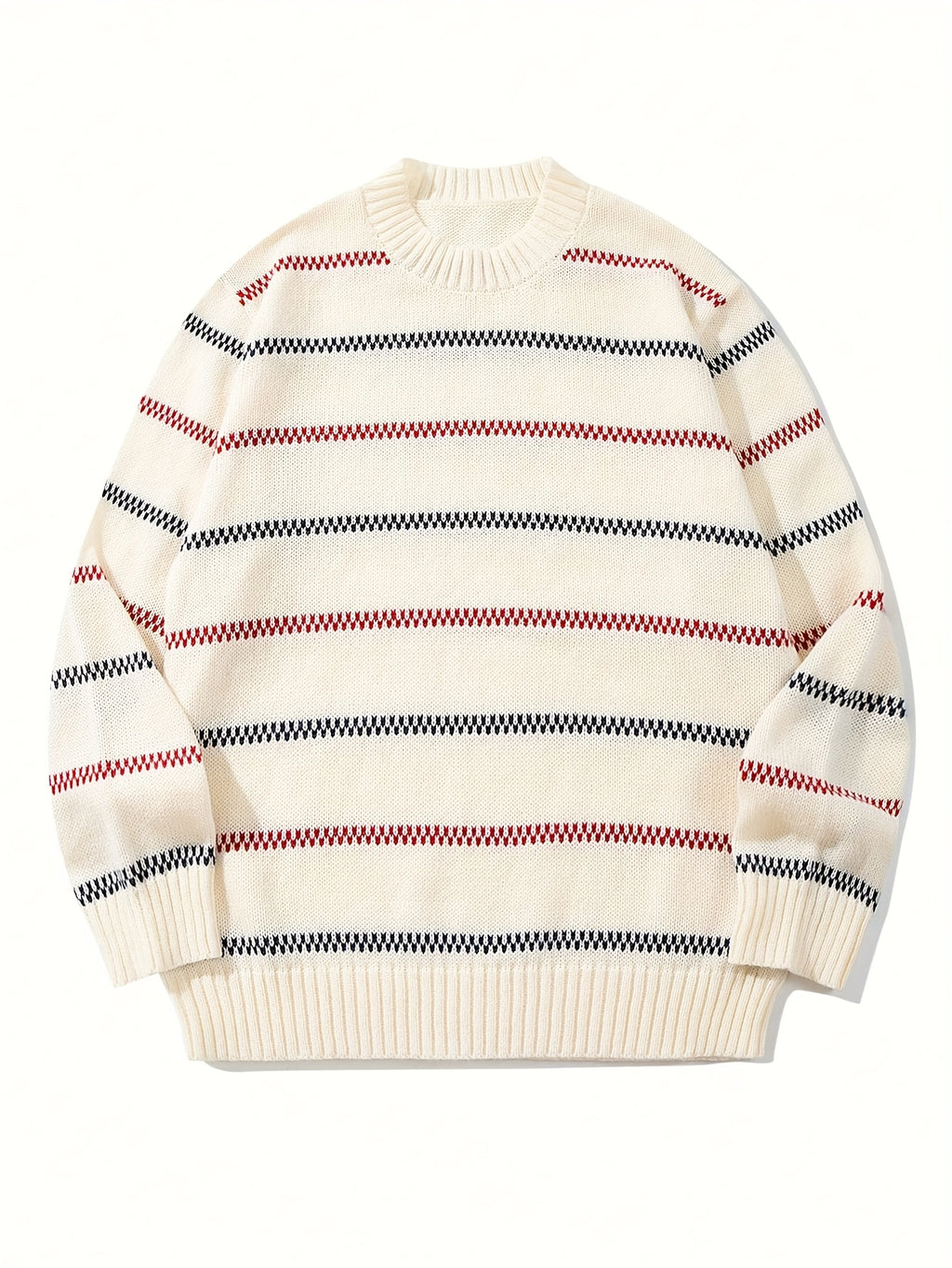 Cream Base Red & Navy Chevron Stripe Crewneck Knit Sweater