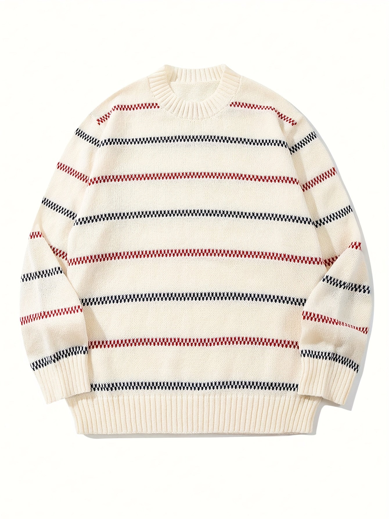 Cream Base Red & Navy Chevron Stripe Crewneck Knit Sweater