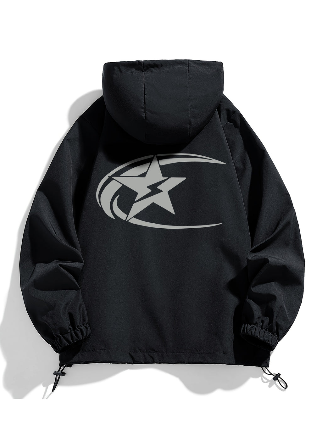 Black Water-Resistant Star-Print Oversized Hooded Windbreaker