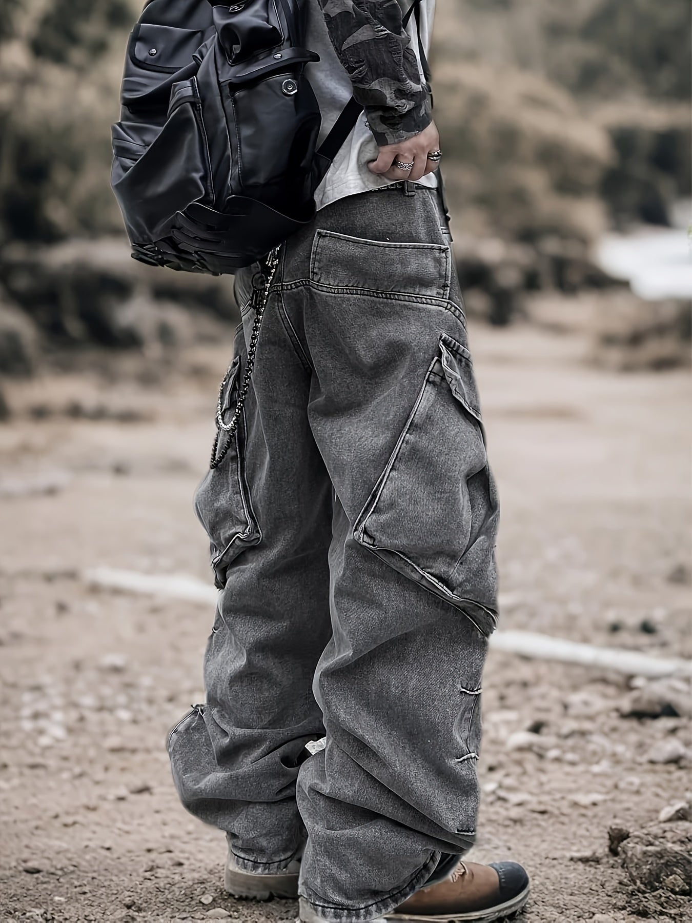 Vintage Washed Dark Grey Oversized Cargo Denim Jeans
