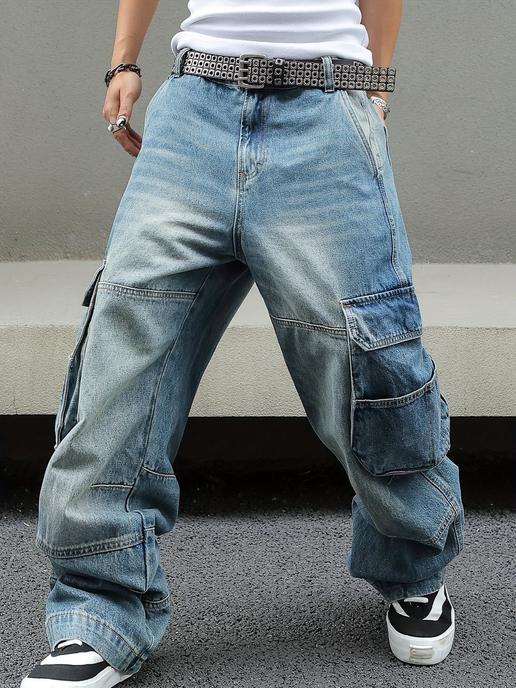 Distressed Light Blue Oversized Cargo Denim Jeans