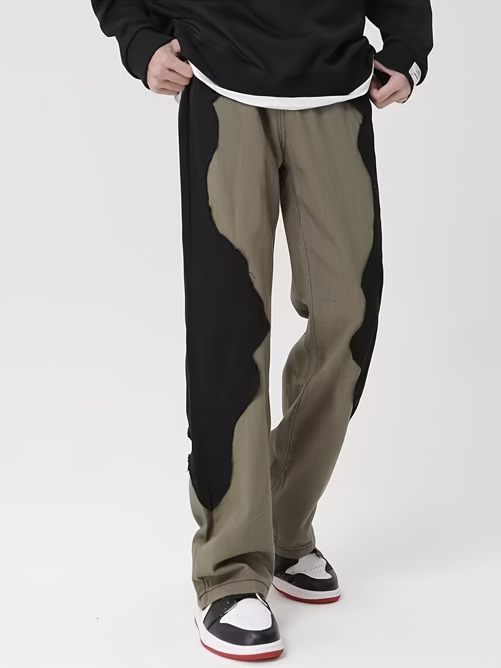 Olive Green & Black Asymmetric Patchwork Straight-Leg Pants