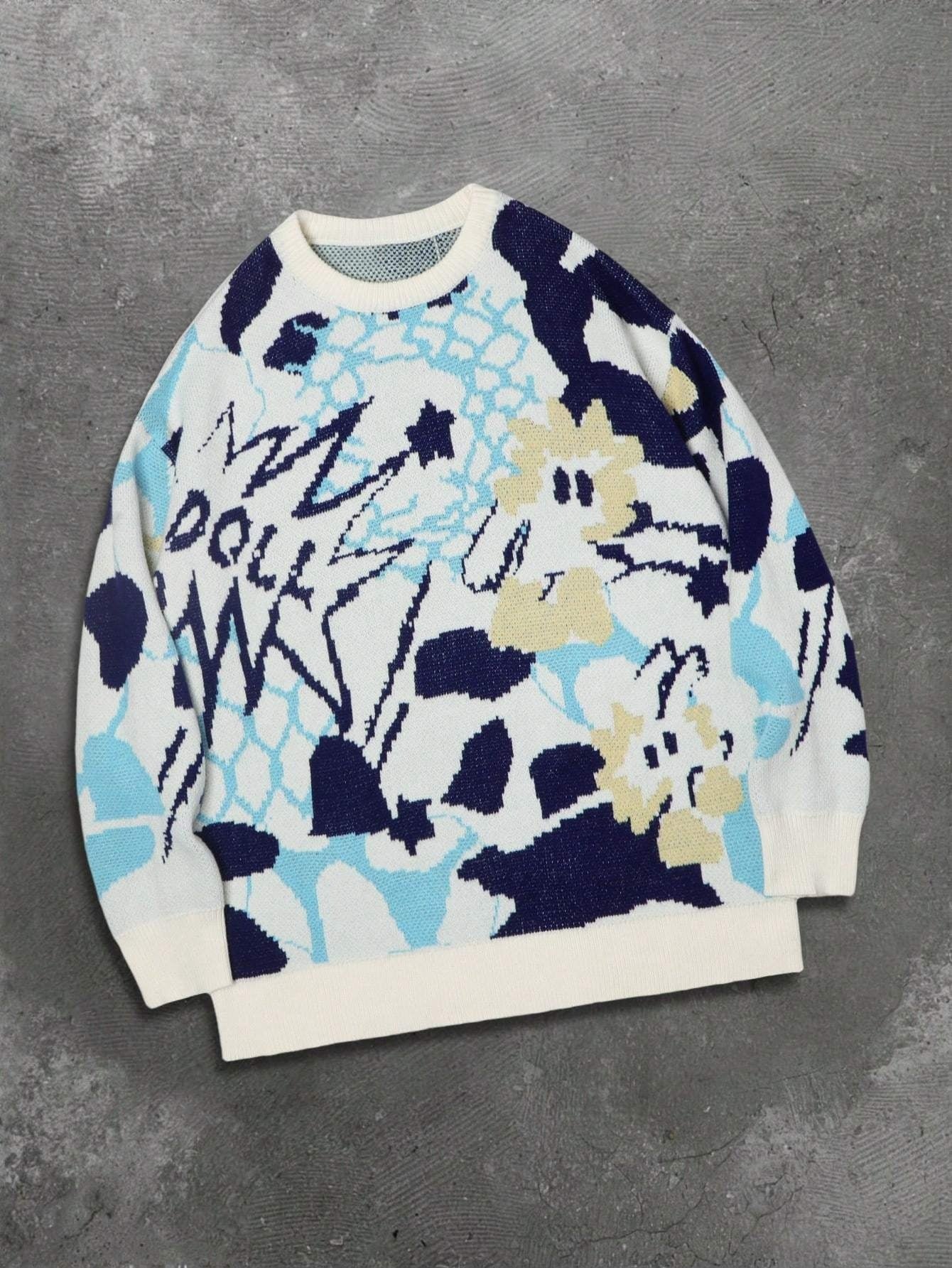 Abstract Watercolor Jacquard Oversized Crewneck Sweater
