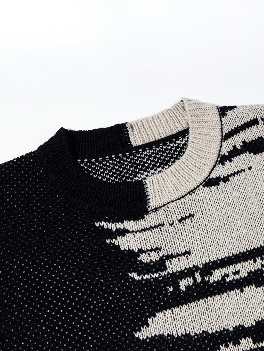 Black & White Brushstroke Contrast Oversized Crewneck Knit Sweater