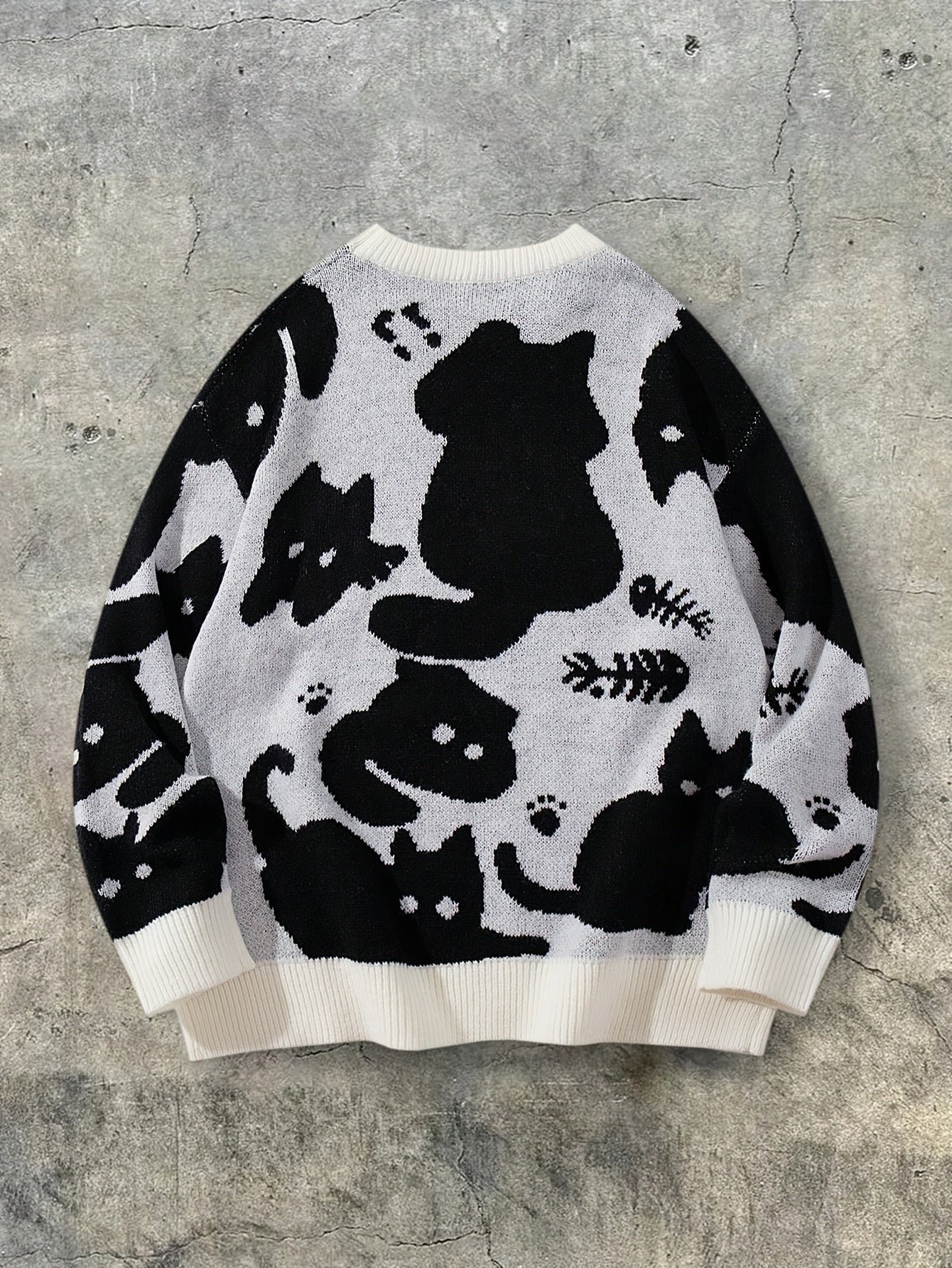 Black & White Cute Cat Print Oversized Crewneck Knit Sweater