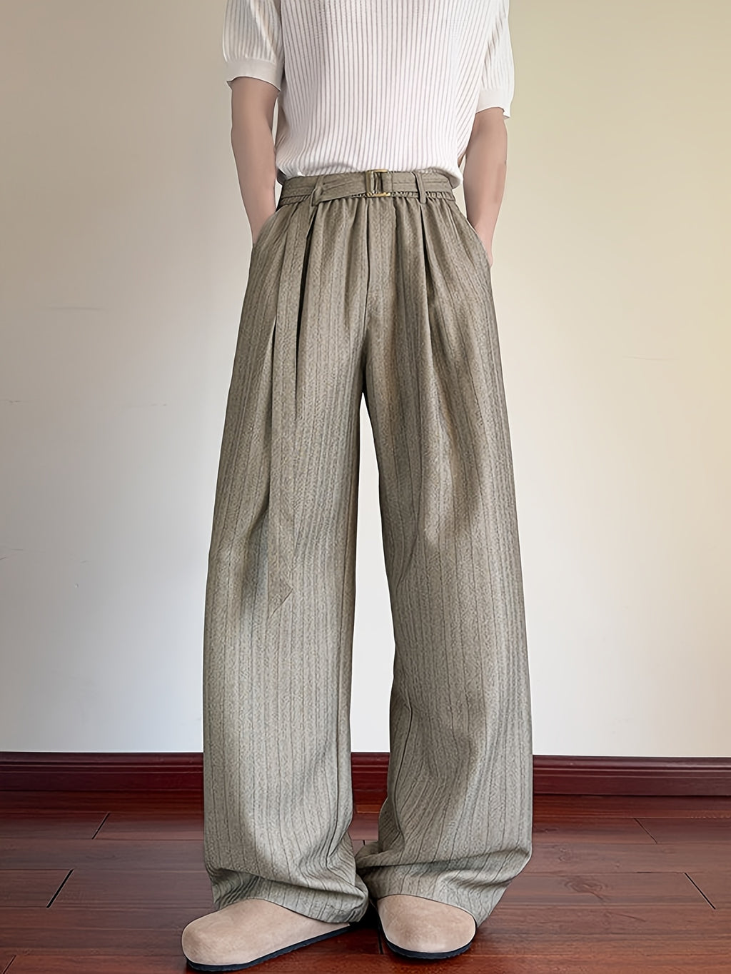 Khaki Stripe High-Waist Wide-Leg Trousers