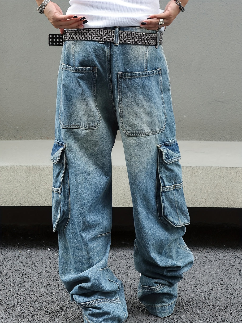 Distressed Light Blue Oversized Cargo Denim Jeans