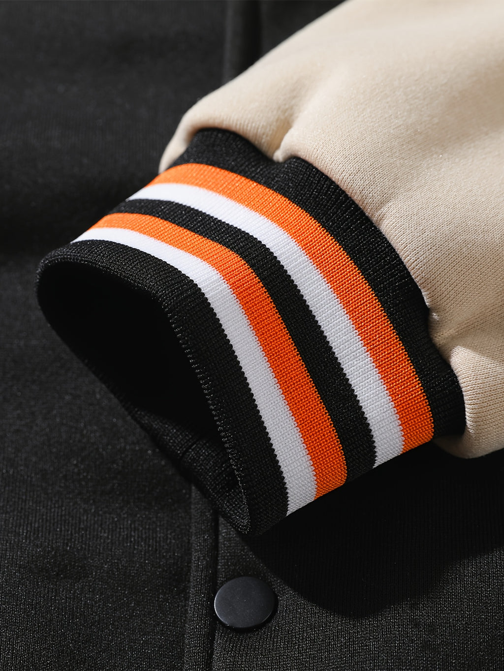 Black & Khaki Hooded Varsity Baseball Jacket with Embroidery