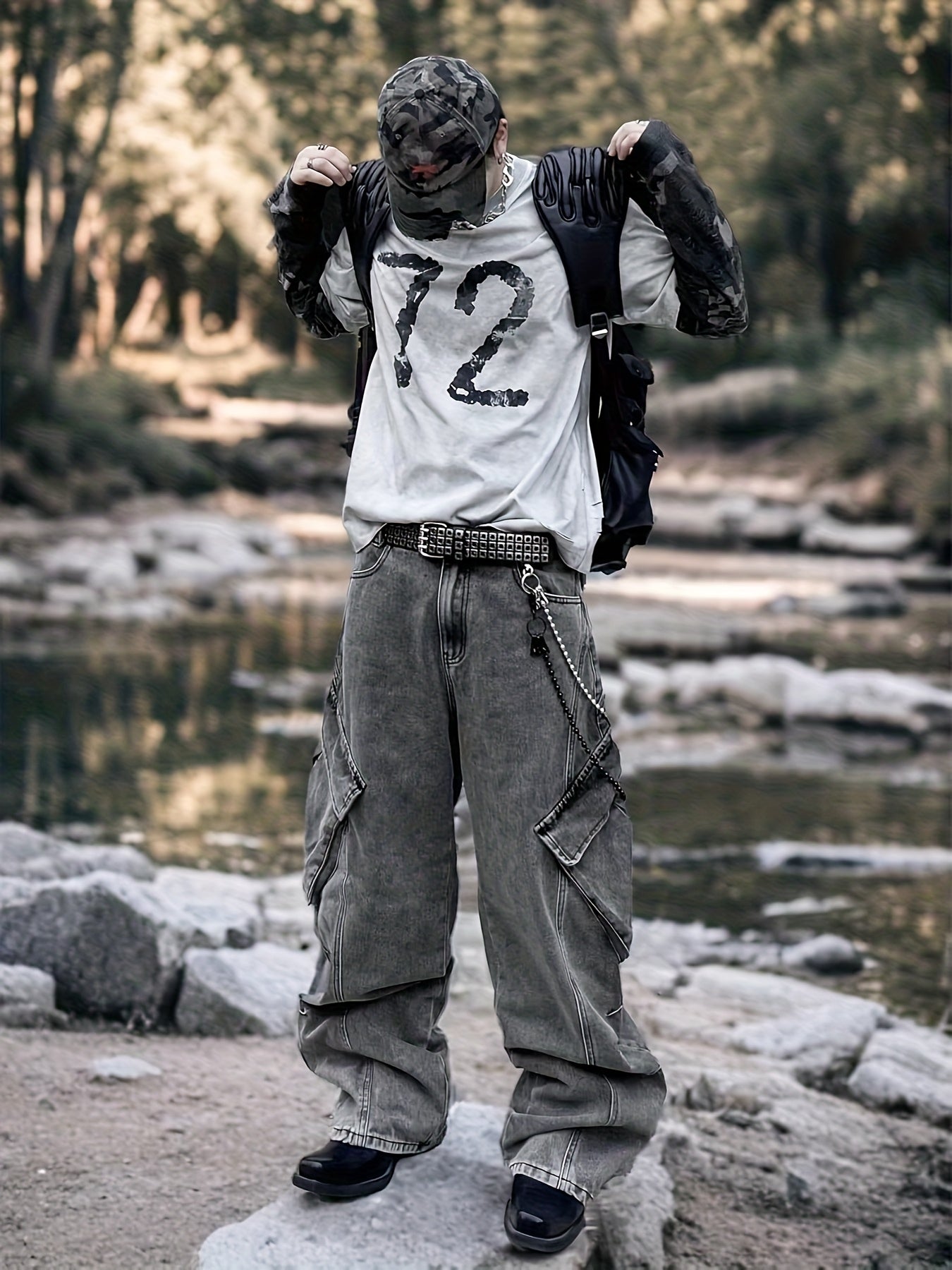 Vintage Washed Dark Grey Oversized Cargo Denim Jeans