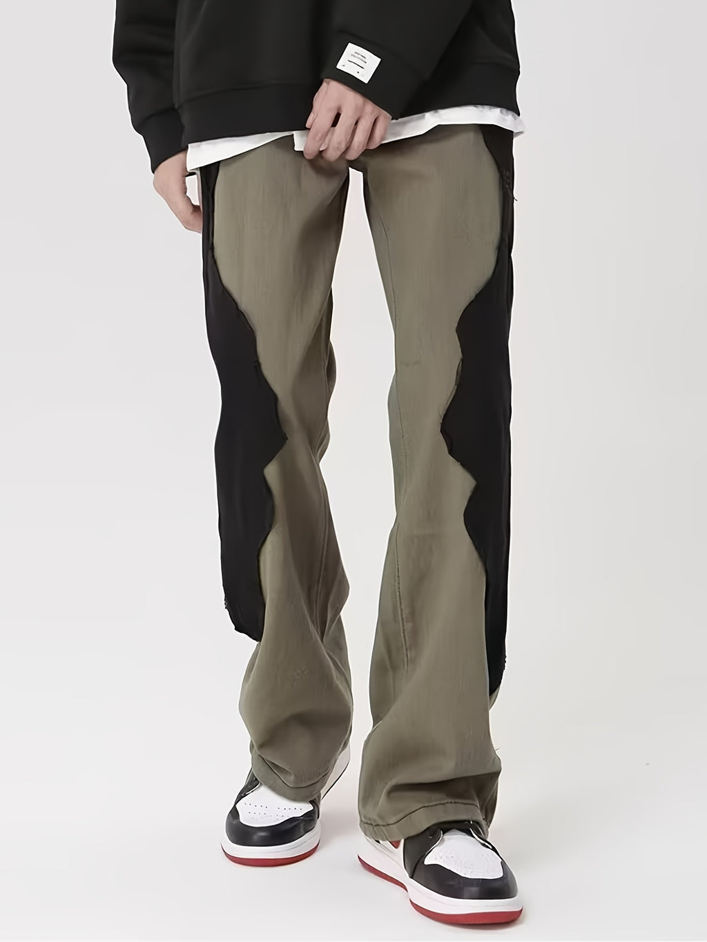 Olive Green & Black Asymmetric Patchwork Straight-Leg Pants