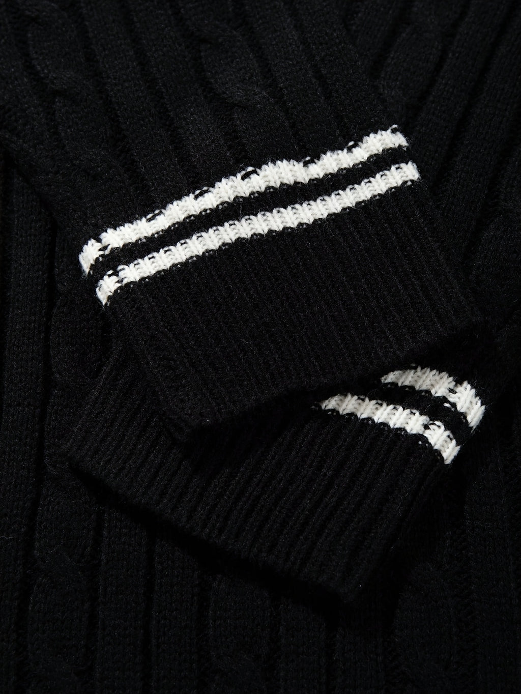 Black V-Neck Cricket Stripe Cable Knit Sweater