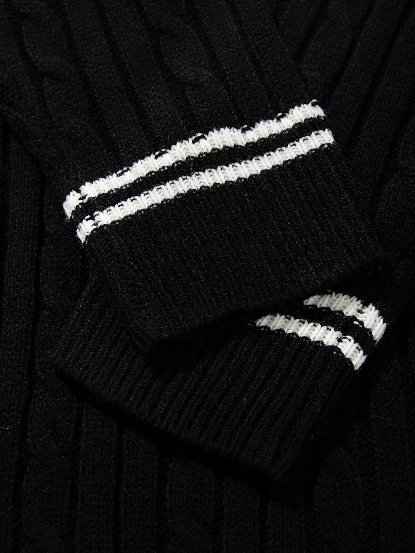 Black V-Neck Cricket Stripe Cable Knit Sweater