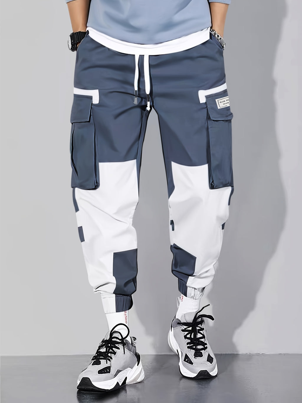 Navy & White Color-Block Cargo Jogger Pants