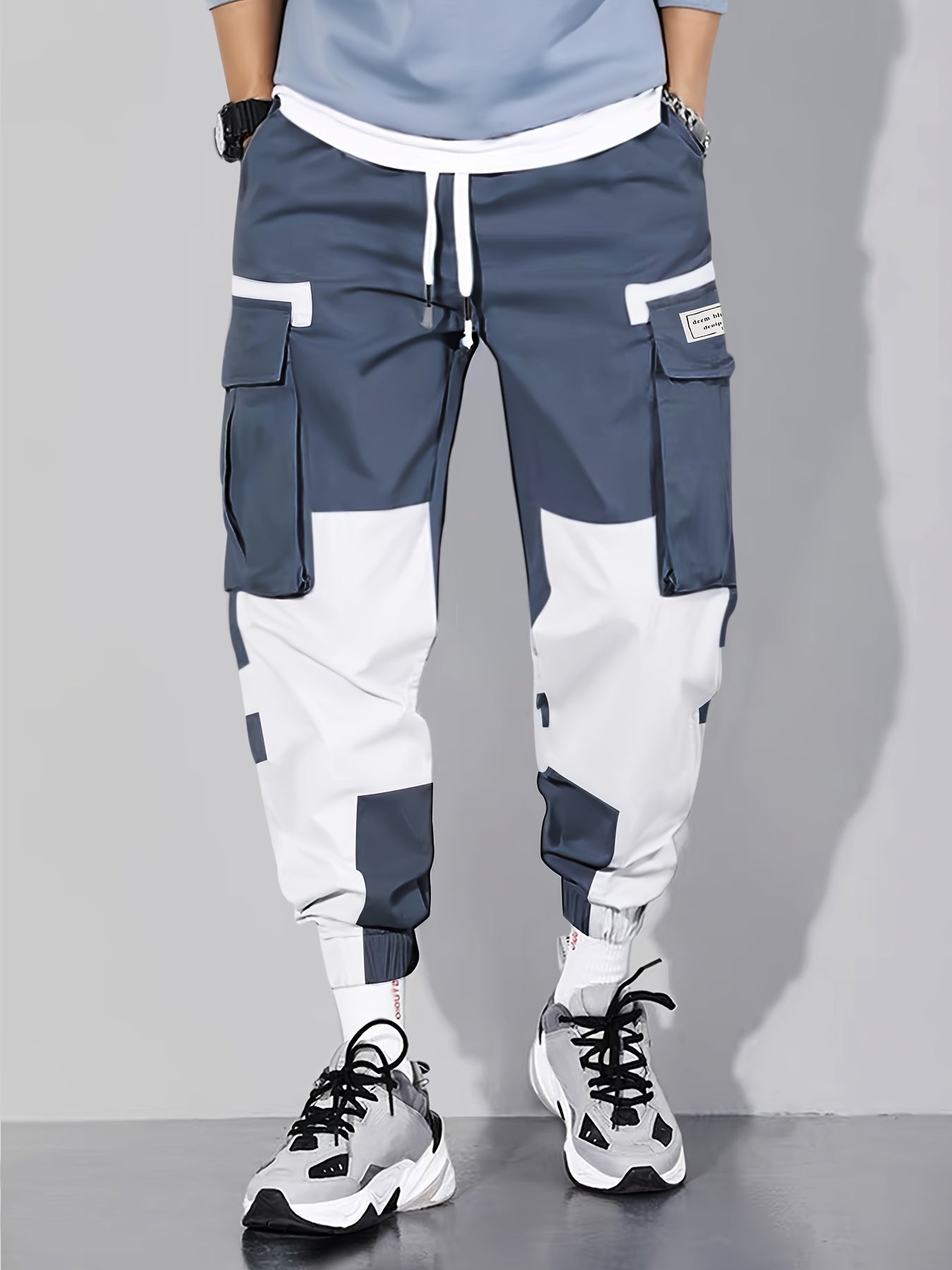 Navy & White Color-Block Cargo Jogger Pants